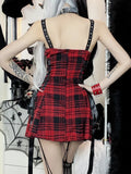 Uniwim Gothic Red Plaid Dress Women Streetwear Harajuku Emo Alt Lace Patchwork Bandage Corset Dress Y2k Cute Lolita Dress