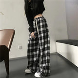 Uniwim Black and White Plaid pants Oversize New Women Casual Loose Wide Leg Trousers Ins Retro Teen Straight Trousers Hiphop Streetwear