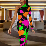 Neon Paint Long Dress Women Graffiti Splatter Print Party Maxi Dress Summer Long Sleeve Sexy Bodycon Dresses Side Split Clothes