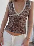 Uniwim  Lace Panel Bow Leopard Tank Top Women Sheer Mesh Slim Versatile Low Cut Crop Vest Hottie Y2K Summer Camisole Streetwear