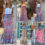 Uniwim Boho Tie Up Tassels Print Women Skirts Summer 2023 Elegant Long Length High Waist Casual Ruffles A-line Beach Skirts