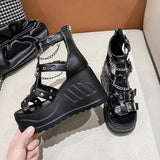 Uniwim Platform Shoes High Heels Sandals Summer Women's Trend Black Wedges Casual Lolita Anklets Gladiator Stylish Gothic Chain