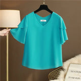 Uniwim 2024 Fashion Brand Tops Women's Summer Plus Size Flared Sleeves Loose Chiffon Shirts Short-sleeved V-neck Women's Plus Size Tops