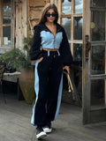 Uniwim Y2k Casual Two Piece Trousers Suit Denim Patchwork Short Zipper Hooded Top High Waisted Commuting Trousers and Sweatpants Suit