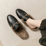 Uniwim  winter women's plush outdoor slippers mules Metal British style Genuine fur rabbit flats Ladies casual shoes