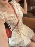 Uniwim French lace floral short v-neck waist slimming short-sleeved top + high waist thin fluffy skirt sweet set 2024