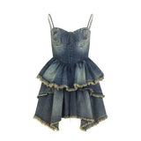 Uniwim 2024 Y2k Aesthetic Cocktail Corset Denim Dress Women Vintage Sexy Grunge Ruched Irregular Tunic Mini Slip Dresses Ruffle Vestido