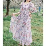 Uniwim 2024 New French Floral Pink Square Collar Slim Fairy Dress Aestethic Summer Party Beach Dress Elegant Long Dresses Woman Clothes