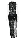 Uniwim Sexy Hollow Out High Slit Lace Women Maxi Dress Black See Through Evening Dress Female Autumn New Elegant Party Clubwear