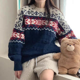 Uniwim Korean Lazy Style Sweater Woman 2025 Outerwears Hit Color Jacquard Pullovers Loose Knitted Ropa Mujer Autumn Winter Clothes