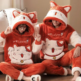 Uniwim Winter Thicken Couples Pajamas Sets Sleepwear Adult  Cartoon Cat Kawaii Women Men Anime Pyjamas Korean Hoodie Suits Nightgown