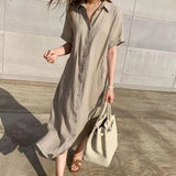 Uniwim Summer Cotton and Linen Long Dress Fashion New Polo Neck Single Breasted Shirt Dress Casual Simplicity Loose Lace-up Vestidos