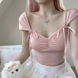 Uniwim Women'S Knitwear Bow Tie Off Shoulder V-Neck Strap Design Slim Fit Short Sleeved Crop Top Sweet Casual Streetwear Spring