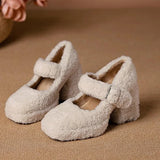 Uniwim  High Platform Lambswool Mary Jane Shoes Woman Retro Teddy Fur Thick Sole Pumps Ladies Winter Warm Plush Dress Zapatos