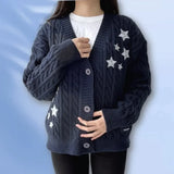 Uniwim Winter Midnight Navy Blue Knitted Cardigans Women Spring Y2k Casual Star Embroidery Single Breasted XS-5XL Sweaters