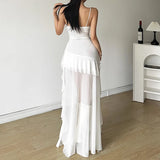 Uniwim Y2k Sexy Mesh Ruffle Irregular High Low Dress White Black Sleeveless Long Dresses Summer Y2K Clothes Women 2024