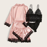 Uniwim Woman Sleepwear 4pcs Floral Lace Trim Satin Pajamas Set with Robe Sexy Faux Silk Pijamas Robe Sets Casual Home Clothes Nightwear sleepwear