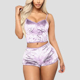 Uniwim Women's Velvet Polyester Comfortable V-neck Underwear Setcamisole+shorts Pajamas Set Home Clothes Sleeveless Top Shorts