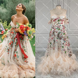 Uniwim Fairy Colorful Embrioiderey Puffy Mesh Wedding Dress Off Shoulders Sweetheart Overlay Tulle Champagne Bloom Flower Bridal Gowns