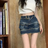 Vintage Distressed Denim Skirt Women 2023 Summer Raw Edge Embroid Design Mini Skirts Woman Korean High Waist Skirt with Shorts