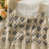 Uniwim Women Crochet Sleeveless Sweater Vest Knit Vintage Rhombus Diamond Plaid Crop Top Cardigan Button Down Waistcoat Jacket