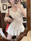 Uniwim French lace floral short v-neck waist slimming short-sleeved top + high waist thin fluffy skirt sweet set 2024