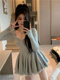 Uniwim Korean Fashion Autumn Short Dresses for Women Square Collar Long Sleeve Slim Lace Ruffles A-line Party Dress Sexy Vestidos New