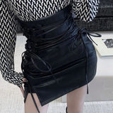 Uniwim Black Leather Mini Skirts Women Gothic High Waist Slim Fit Lace-Up Pencil Skirt Female Sexy Club Back Zipper Split Bag Hip Skirt