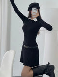 Uniwim Korean Fashion Knitted Short Dresses for Women Autumn New Patchwork Long Sleeve Pleated A-line Y2K Sexy Party Dress with Belt