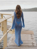 Long Sleeve Knit Beach Dress Women Sexy See Through Slim Maxi Dress Summer Elegant Solid Backless Long Dress Holiday Outfit 2023