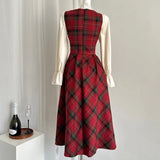 Uniwim French Vintage Two-piece Dress Set Women Flare Sleeve Shirt Red Plaid Strap Dress A-line Autumn Winter New Christmas Party Dress