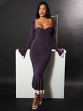 Uniwim Elegant Long Sleeve Sexy Maxi Dress For Women Gown Fashion Patchwork Square Collar Bodycon Evening Fishtail Dress