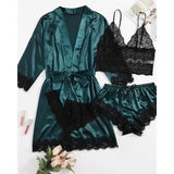 Uniwim Black Sexy Women's Pajamas Satin 4-piece Lace Silk Suspender Tops Shorts Robe Pajamas Set Nightgown Underwear Nightdress Suit