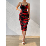 Red Floral Print Tight Fitting Dress Group Dress Women Slim Pleated Wrap Buttocks Long Dress Sexy Backless Spaghetti Strap Dress