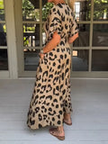 Uniwim Fashion Leopard Print V Neck Split Maxi Dress Women Chic Long Sleeve Waistband Long Dresses 2024 Summer Lady Beach Party Vestido