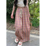 Uniwim Vintage Y2K Plaid Skirts Women Harajuku Streetwear Drawstring Long Skirt Woman Summer Elastic High Waist A-Line Skirts