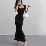 Uniwim 2024 Summer Solid Color Slim Long Dress Women Short Sleeve Skinny Bodycon Maxi Dresses Woman Square Collar Party Vestidos Mujer