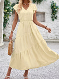 Summer Dress Women Holiday Beach Long Dresses Female Elegant Fashion V Neck Dress Ladies Casual Loose Ruffled Sleeve Vestidos