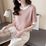 Uniwim Summer Korean Short Soft Knit Short Sleeved T-shirt Women's O-Neck Color Block Screw Thread Design Simple Versatile Sweater Top