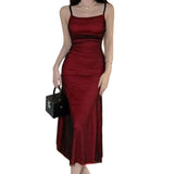 Uniwim Wine red tight fitting long dress with elastic suspender and mesh splicing, paired with a buttocks wrapped dress