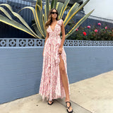 Uniwim Sexy Deep V Neck Ruffles Dress Women Fashion Shoulder Tie Flower Backless Long Dresses 2024 Elegant Lady Flower Print Vestidos