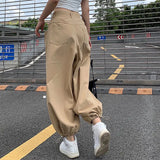 QWEEK Baggy Jogger Pants Women Khaki High Waist Japanese Vintage Cargo Pants Streetwear Fashion Loose Casual Drawstring Jeans