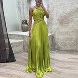 Uniwim Fashion Banquet Halter Hollow Out Party Dress Women Temperament High Waist Slim Maxi Dress Elegant Sexy Pleated Slit Long Dress