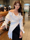 Uniwim Korean Fashion White Shirt For Women V Neck Long Sleeve Off Shoulder Patchwork Buttons Shirts Female Spring Clothes