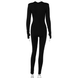 Uniwim Solid V-neck Long Sleeves With Shoulder Pads Bodycon Jumpsuit Woman Autumn Winter Woman Fashion Elegant Club Y2K Sport Jumpsuits