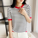 Short Sleeve T-shirts Women Striped Basic Chic Simple All-match Harajuku Retro Cotton O-neck Trendy Loose Leisure Cozy Womens