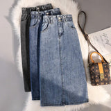 2024 New Arrival Summer Autumn Korean Style Women Casual Straight Mid-calf Skirt Elastic Waist Cotton Denim Patchwork Skirt P602