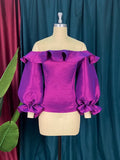 Uniwim Off Shoulder Blouse Plus Size Ruffles Long Flare Sleeve Shiny Purple Tops Evening Party Cocktail Club Wear Shirts Blouses 4XL