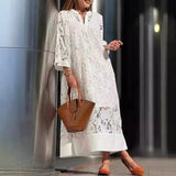 Uniwim White Embroidery Jacquard Lace Crochet Dress Women Spring Sexy V Neck Hollow Party Dress New Autumn Flare Sleeve Boho Long Dress