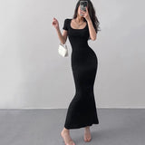 Uniwim 2024 Summer Solid Color Slim Long Dress Women Short Sleeve Skinny Bodycon Maxi Dresses Woman Square Collar Party Vestidos Mujer